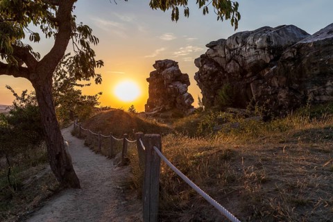 Sunset at the Devil's Wall near Weddersleben, Thale, Harz, Saxony-Anhalt, Germany, Europe