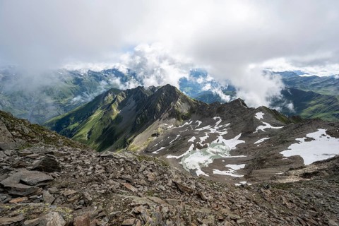 Cloudy mountain landscape at the summit of Lasörling, view to Berger Kees and mountain peak