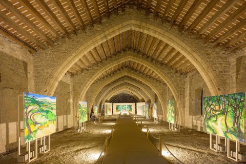 Painting exhibition at the Sainte Marie Abbey in Lagrasse, Département Aude, France, Europe