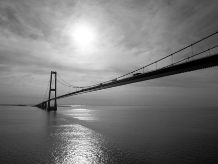Lorry traffic on Storebæltsbroen, bridge, black and white photography, Nyborg, Denmark, Europe