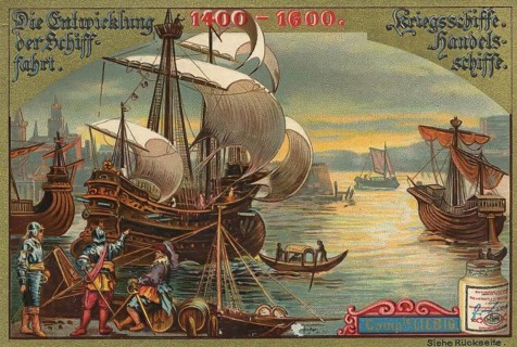 Picture series The development of shipping, warships and merchant ships, Liebig picture, digitally