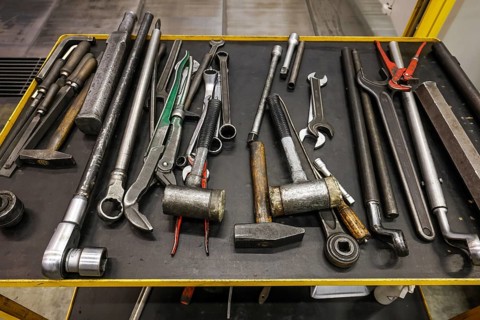 Übach-Palenberg, North Rhine-Westphalia, Germany - Tools on a tool trolley in an industrial hall of