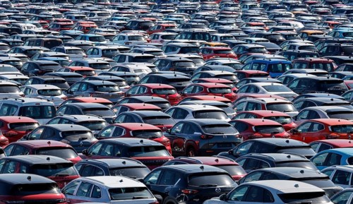 Duisburg, North Rhine-Westphalia, Germany - New cars, transhipment centre, car terminal in Duisburg