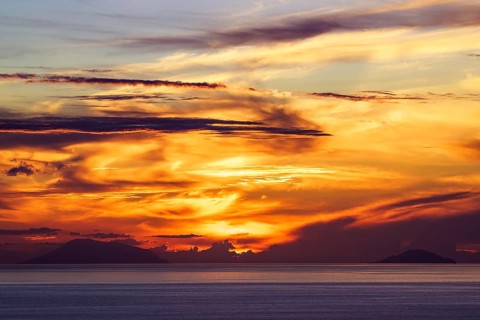 Sunset over Aeolian Islands from Nicotera, Aeolus, Sicily, Tyrrhenian Sea, Italy, Europe