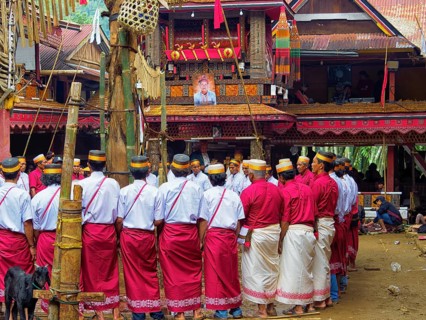 Men in traditional festive dress, funeral ceremony, Tana Toraja, Sulawesi, Indonesia, Asia