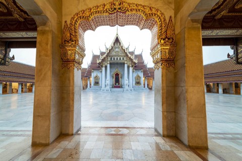Marble temple, made of Carrara marble, Wat Benchamabopit, back of the Ubosot, temple in the Dusit