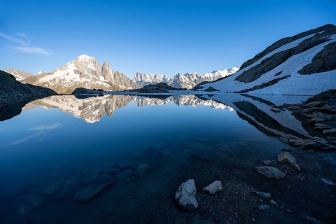 Mountain landscape in the evening light, water reflection in Lac Blanc, mountain peak, Aiguille