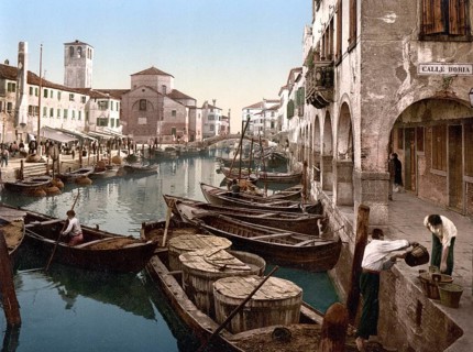 Chioggia, fish market, Venice, Italy, Historic, digitally restored reproduction from a 19th century