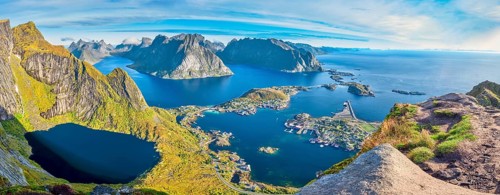 View from Reinebringen, Reinebriggen, Hamnoy, Reine and the Reinefjord with Bergen, Moskenes,