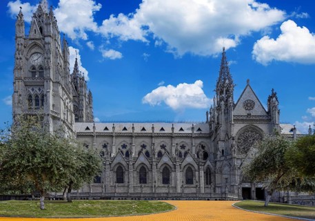 Cathedral Basilica of National Vow in historic center of Quito, Ecuador. Roman catholic church