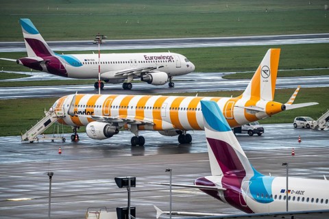 Düsseldorf Airport, Eurowings, Condor aircraft on the apron, Eurowings Airbus on the taxiway for