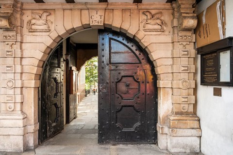 Entrance to the medieval Temple Church, Anglican church between Fleet Street and the Thames,