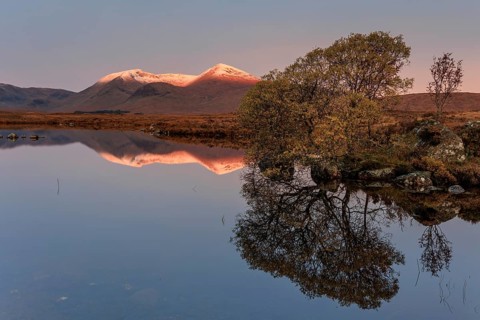 Mountains reflected in lake, morning light, morning mood, still, autumn, snowy, Lochan na