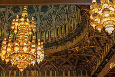 Dome and illuminated chandeliers in the Sultan Qaboos Mosque, Muscat, Arabian Peninsula, Sultanate