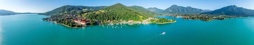Panorama, ferry on the lake, view of the Bräustüberl and Schlosswirtschaft Tegernsee and