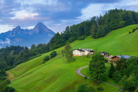 Alpine pasture with houses and forest near Maria Gern, Watzmann, Berchtesgarden Alps,