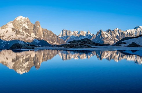 Mountain landscape in the evening light, water reflection in Lac Blanc, mountain peak, Aiguille