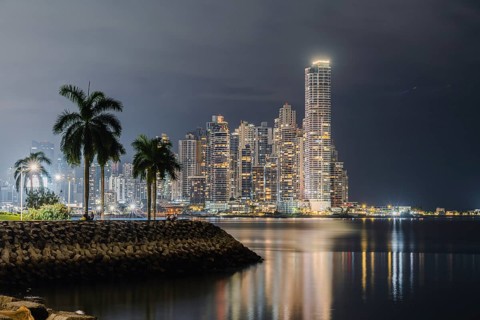 Panama City skyline at night, Cinta Costera Park, Panama City, Panama, Central America
