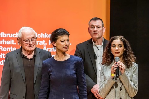Oskar Lafontaine, Sahra Wagenecht and Jessica Tatti, BSW top candidate in Baden-Württemberg at an