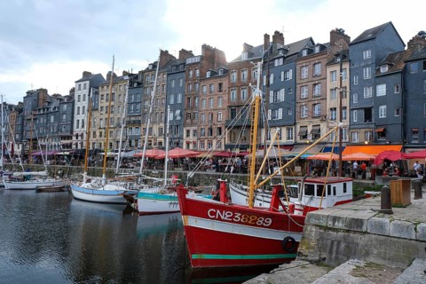 Honfleur, Normandy, France - Boats on the Quai Sainte-Catherine in the old harbour, Vieux Bassin,