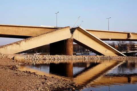 Partially collapsed Carola Bridge Dresden on 7 March 2025, Dresden, Saxony, Germany, Europe