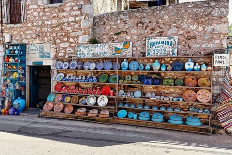 Colourful outdoor pottery, pottery, souvenir shop in the village of Pyrgos Dirou, Mani, Greece,
