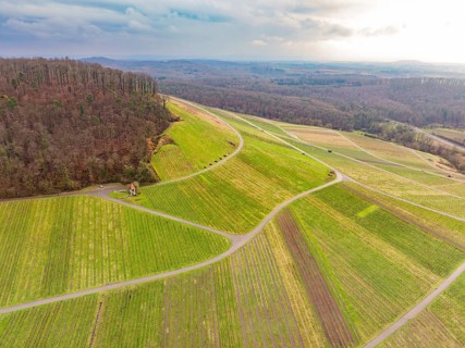 Landscape with green fields, hills and forests, criss-crossed by roads, Großbottwar, Ludwigsburg