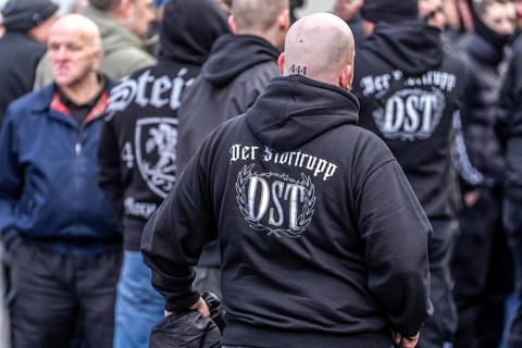 The neo-Nazi group Jung und Stark, JS, demonstrates in the city centre of Essen, demanding the