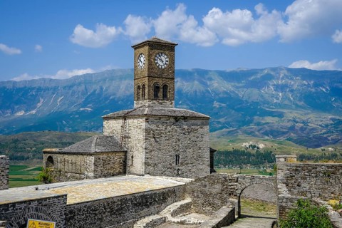 City of Gjirokastra, Gjirokastra, Albania, clock tower, castle of the mountain city of Gjirokastra,