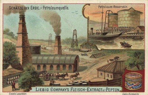 Picture series Treasures of the Earth, petroleum well in America, Liebig picture, digitally