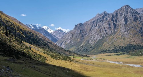 Picturesque mountain valley, mountain landscape with white mountain peaks, Tian Shan Mountains,