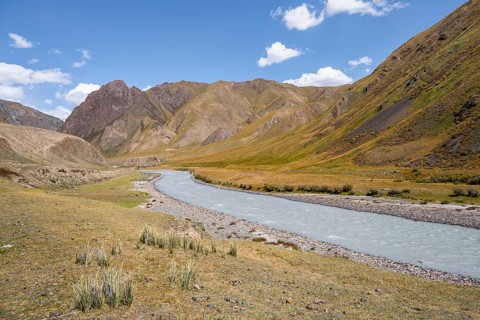 Picturesque mountain landscape with green hills, Tian Shan Mountains, Issyk-Kul, Kyrgyzstan, Asia