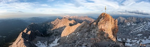 Impressive rocky mountain landscape in the evening light, summit of the Zugspitze with summit