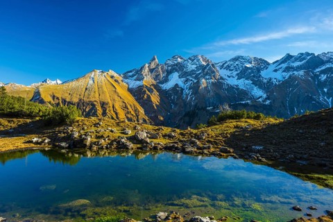 Panorama of Lake Gugger See, central main ridge of the Allgäu Alps, Allgäu, Bavaria, Germany,