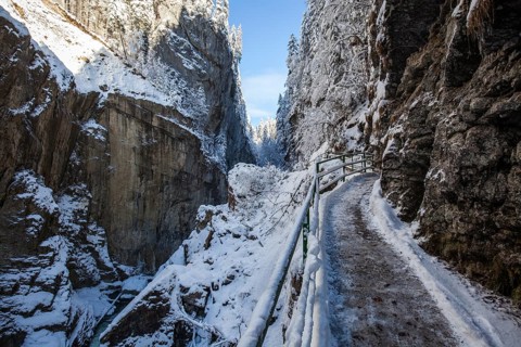 Winter, snowy landscape, river Breitach and hiking trail through the Breitachklamm gorge near