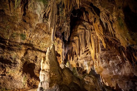 Stalagmites and stalactites in a cave, Devil's Cave Pottenstein, Franconian Switzerland, Franconia,