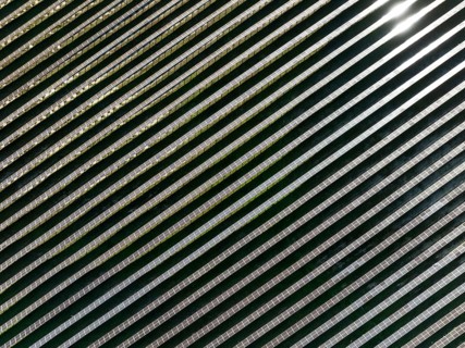 Rows of solar panels at a photovoltaic plant near the town of Espejo. Aerial view. Drone shot.