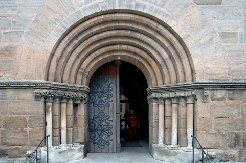 Romanesque entrance portal of St George's Church, Dinkelsbühl, Bavaria, Germany, Europe