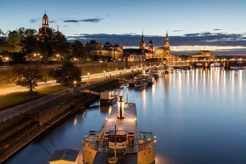 City view with Elbe in the evening, paddle steamer on the Terrassenufer, Dresden, Saxony, Germany,
