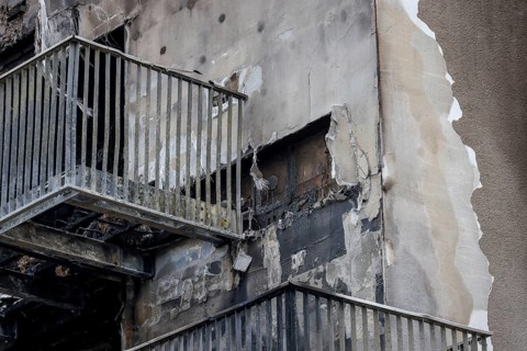 Essen, North Rhine-Westphalia, Germany, major fire in Essen's Weststadt district. The ruins of the