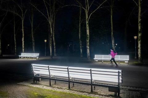 The light benches by artist Stefan Sous in the Hofgarten, entitled UV-A UV-B, 14 completely
