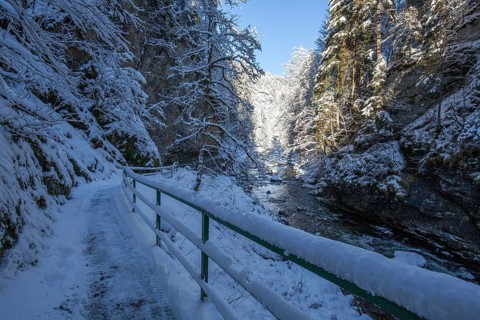 Winter, snowy landscape, river Breitach and hiking trail through the Breitachklamm gorge near