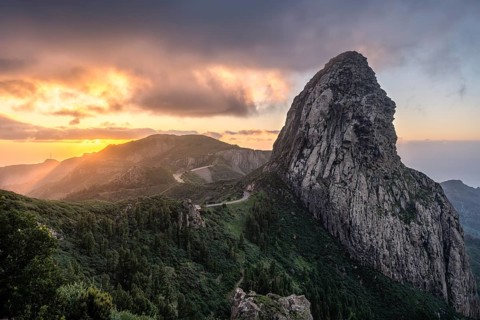 View of the Roque de Agando rock tower, one of La Gomera's landmarks, from the Mirador Roque de