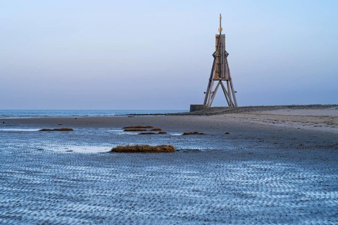 Kugelbake, landmark, twilight, low tide, North Sea, Lower Saxony Wadden Sea National Park,