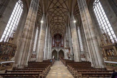 Interior with organ loft, organ built in 1997, late Gothic hall church of St George, Dinkelsbühl,