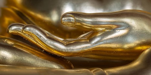 Bhumispara-mudra, moment of enlightenment, golden Buddha statue, interior view of Wat Chana