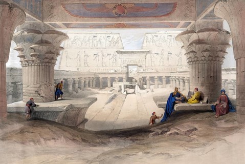 View under the portico of the Temple of Edfou, Egypt, c. 1850, Historical, digitally restored