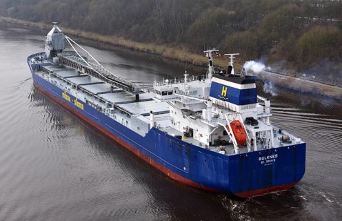 Self-discharging bulk carrier BULKNES sailing in the Kiel Canal, NOK, Kielkanal, Kiel Canal,