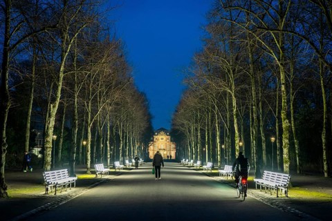 The light benches by artist Stefan Sous in the Hofgarten, entitled UV-A UV-B, 14 completely