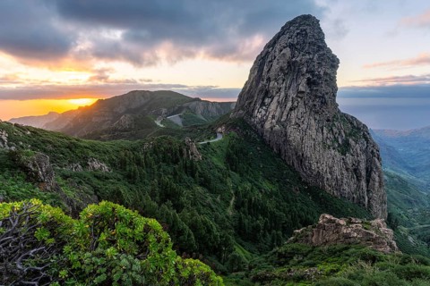 View of the Roque de Agando rock tower, one of La Gomera's landmarks, from the Mirador Roque de